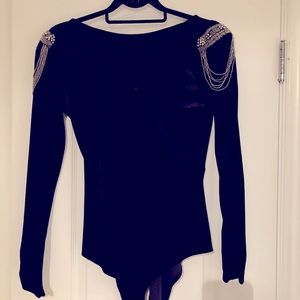 Worn once! Black velvet body suit with stunning shoulder detail.